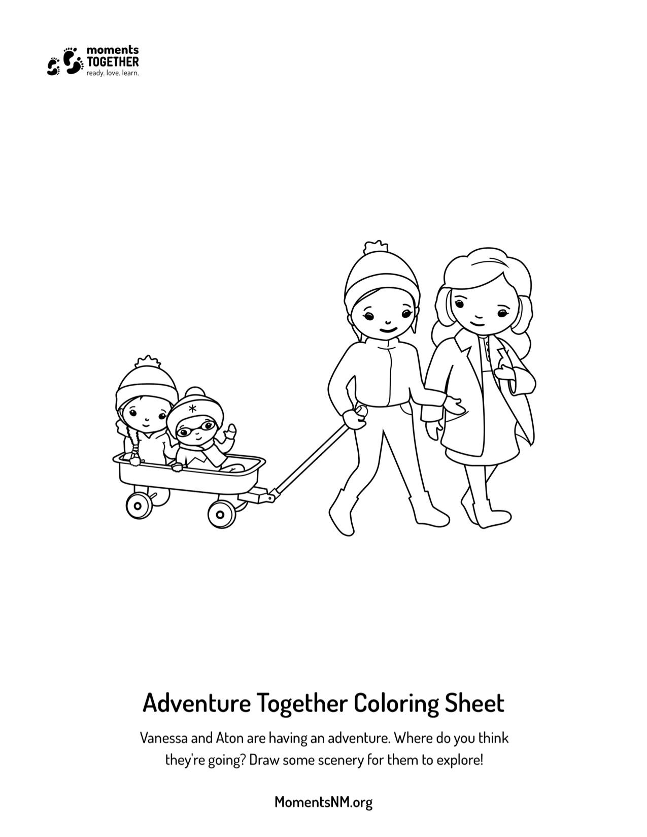 Two parents walking with children in wagon coloring sheet