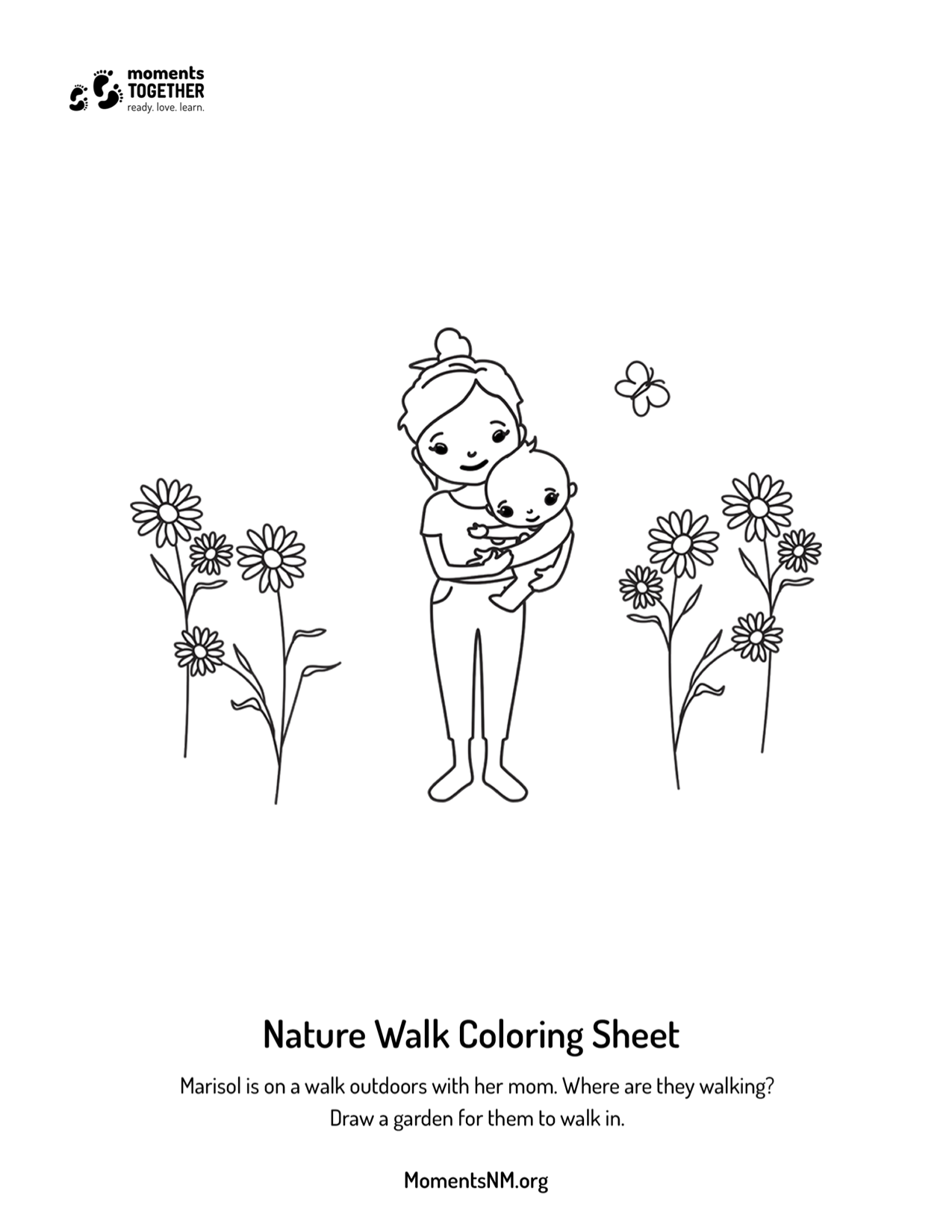 Mother holding baby with flowers around coloring sheet