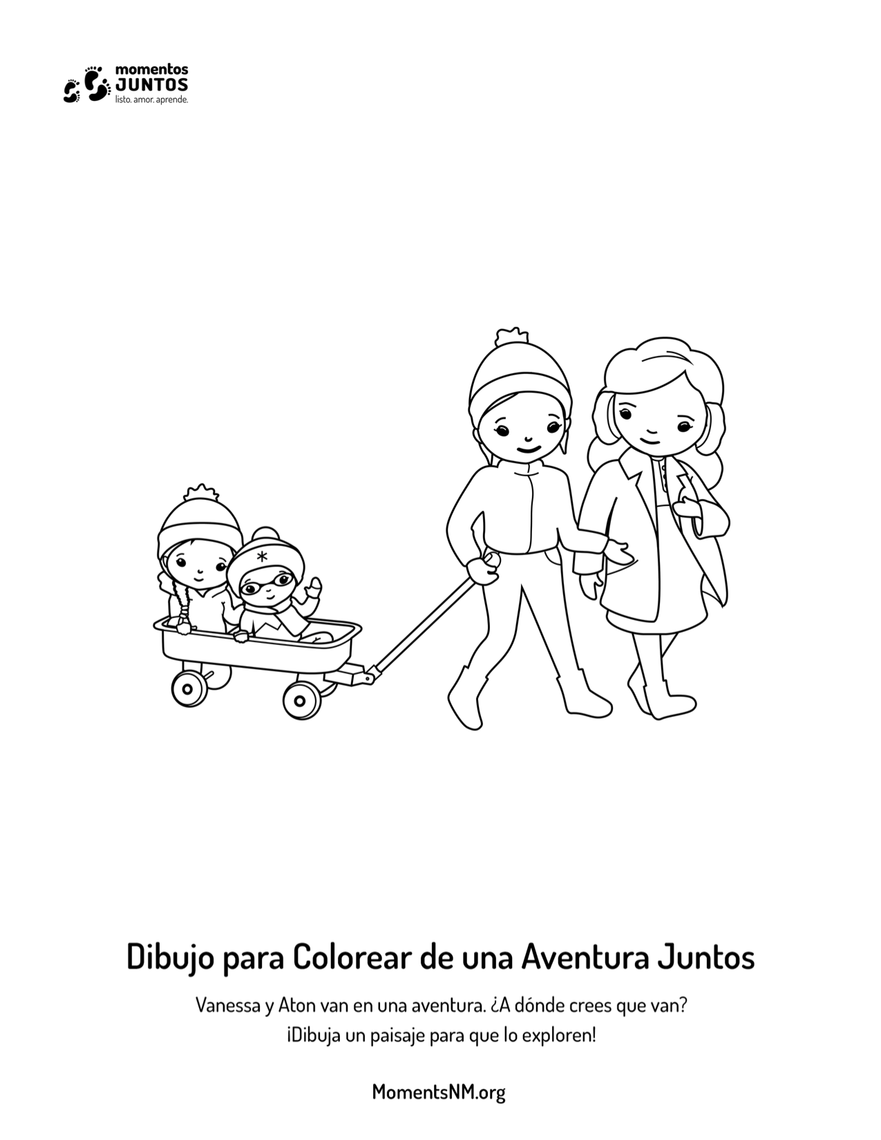 Two parents walking with children in wagon coloring sheet